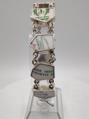 Panel Bar Bracelet w/ French Travel Culture 7-9" L Sterling Silver 925 Vintage